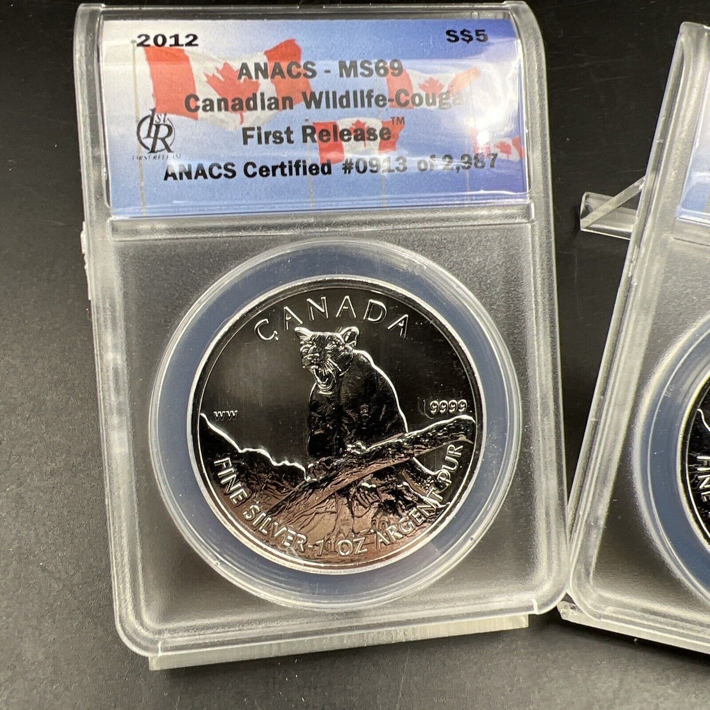 2 Consecutive Serial Number ANACS MS69 2012 1 Oz Silver Wildlife Cougar