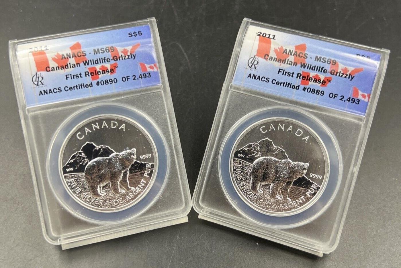 2 Consecutive Serial Number ANACS MS69 2012 1 Oz Silver Wildlife Grizzly