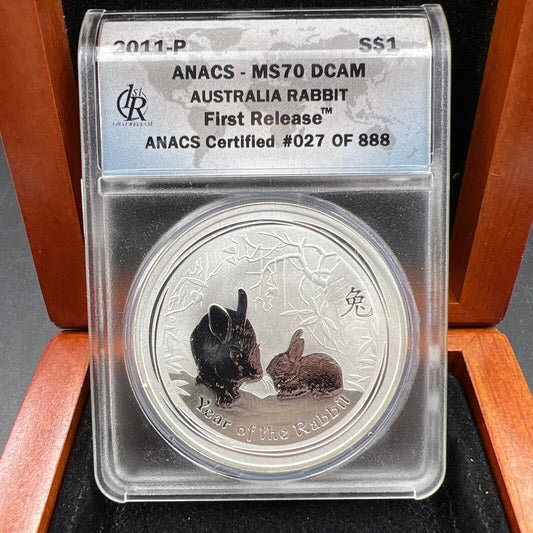 2011 1 oz Silver Australia Rabbit $1 Coin .999 ANACS MS70 DCAM in Display Box #7