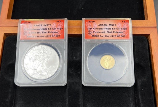 2010 AGE ASE 25th Anniversary 1/10th oz Gold & 1 oz Silver Eagle Set MS70 ANACS