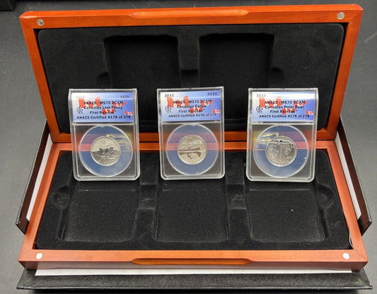 3 Coin Set 2011 2012 $20 Canada Silver Canoe Polar Bear & Last Penny MS70 ANACS