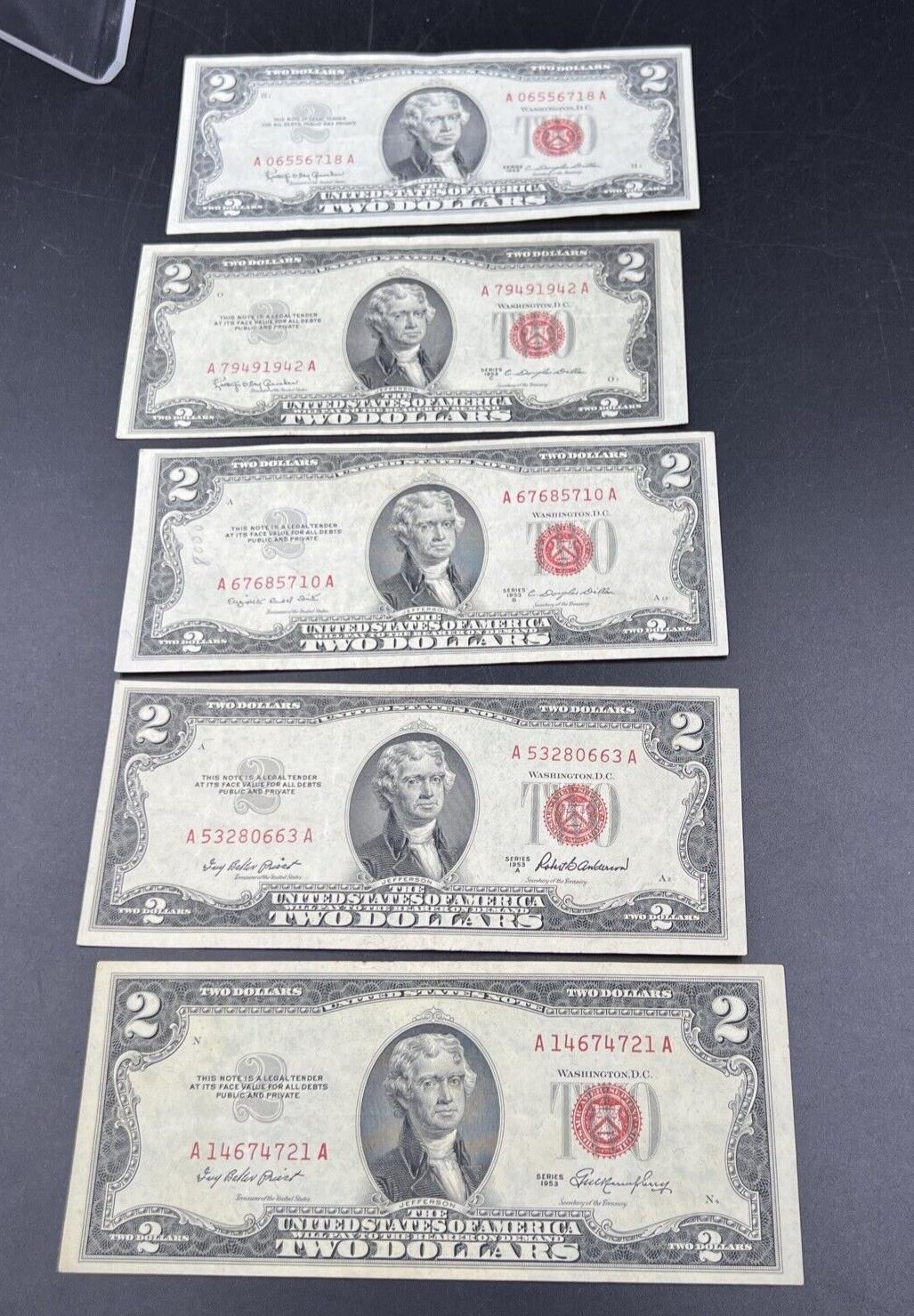 5 Note Set 1953 + ABC & 1963 $2 Two Dollar Red Seal Legal Tender Bill Notes VF++