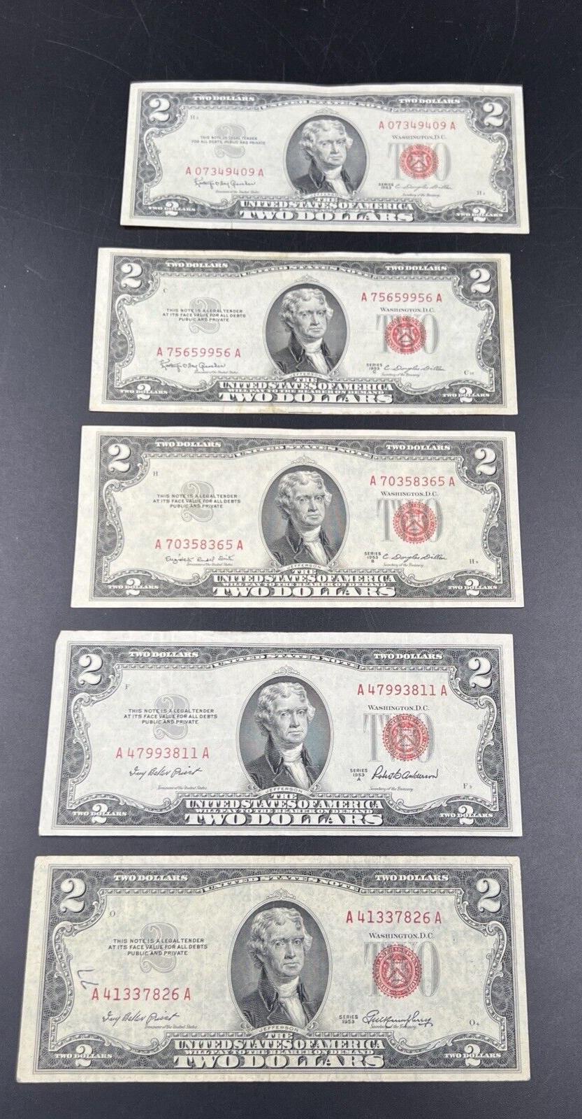 5 Note Set 1953 + ABC & 1963 $2 Two Dollar Red Seal Legal Tender Bill Notes F/VF
