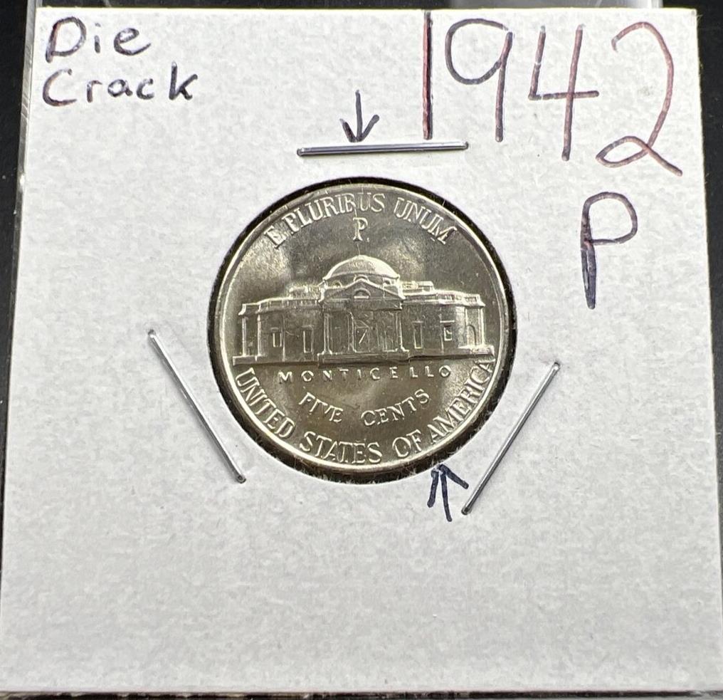 1942 P 5c Type 2 WW2 Jefferson Silver Nickel Coin Gem BU UNC Die Crack Thru P