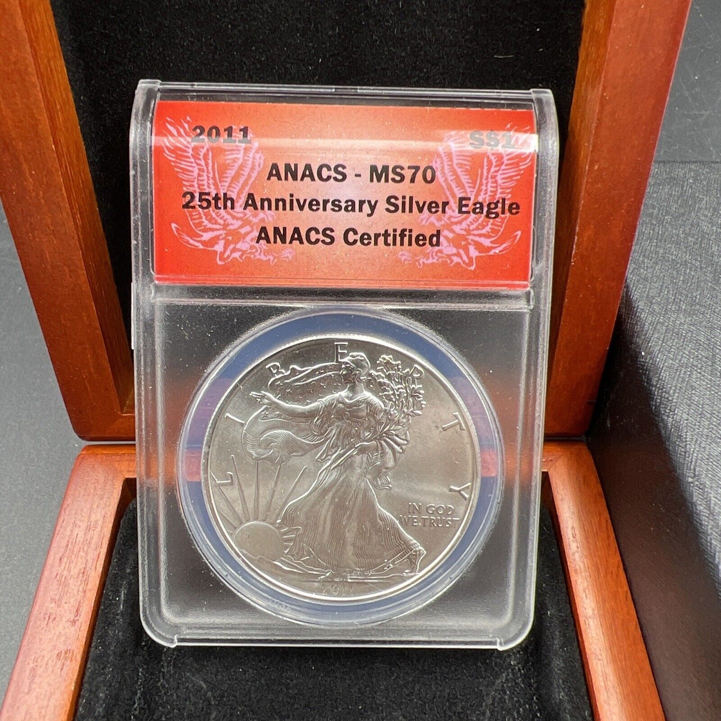 2011 American Silver Eagle $1 ANACS Certified MS70 in Display Wood Box