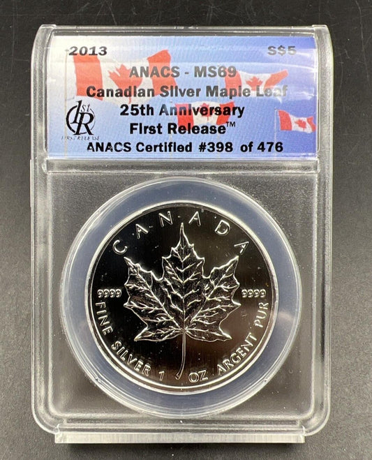 Canada 2013 Silver $5 $5.00 ANACS MS69 Maple Leaf 1 Oz .9999 25th Anniversary FS