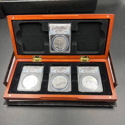 4 Coin 2011 2012 Canadian WildLife 1 Oz Silver Coin Set ANACS MS69 in Display Bo