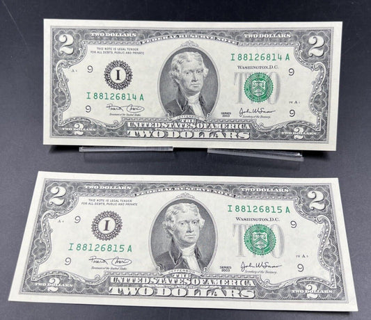 Lot of 2 2003 $2 Two Dollar FRN Federal Reserve Note Bills NEAT Serial #881