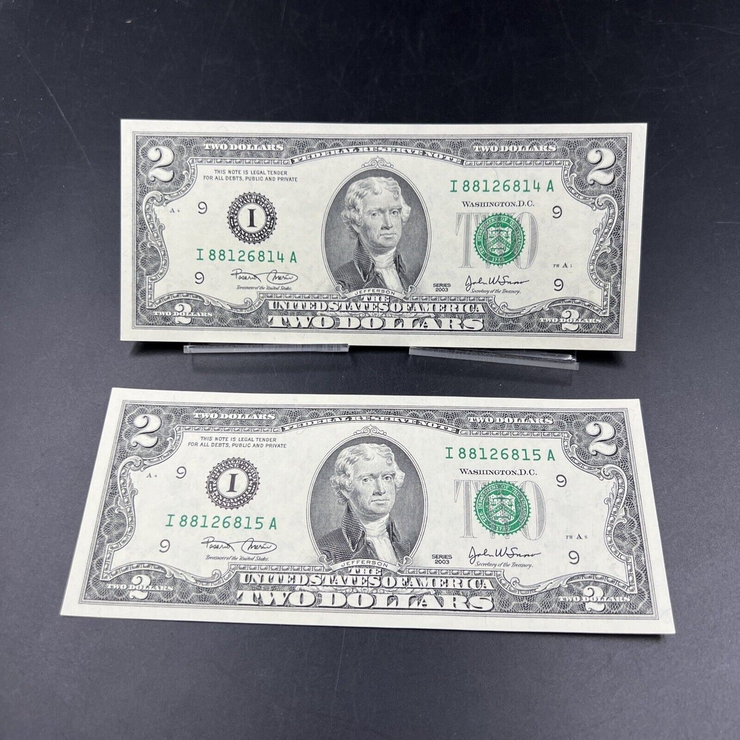 Lot of 2 2003 $2 Two Dollar FRN Federal Reserve Note Bills NEAT Serial #881