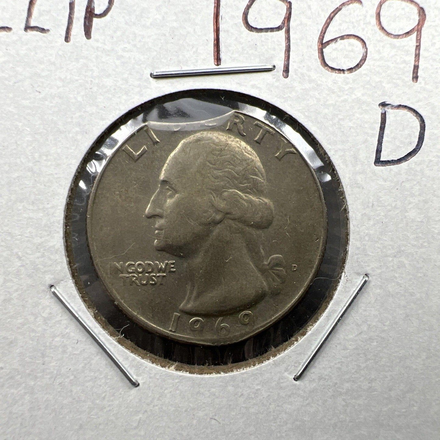 1969 D 25c Washington Clad Quarter Coin Clipped Planchet Error VF Circ