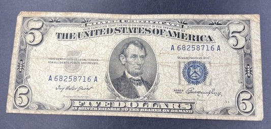 1953 $5 Silver Certificate US Blue Seal Note Bill VG Circ