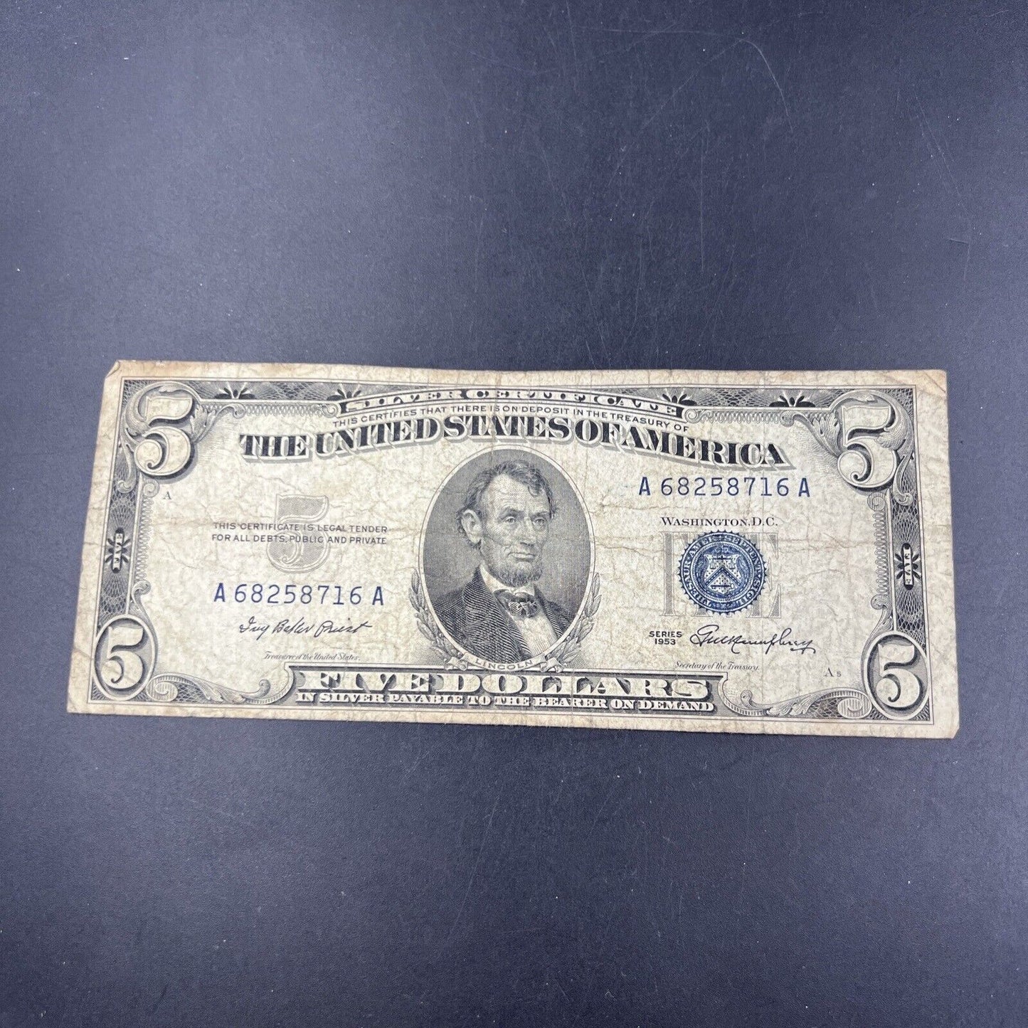 1953 $5 Silver Certificate US Blue Seal Note Bill VG Circ