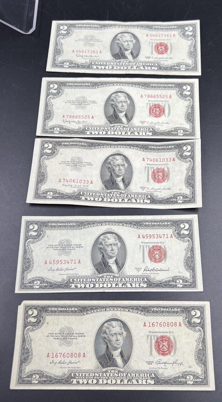 5 Note Set 1953 + ABC & 1963 $2 Two Dollar Red Seal Legal Tender Bill Notes VF+