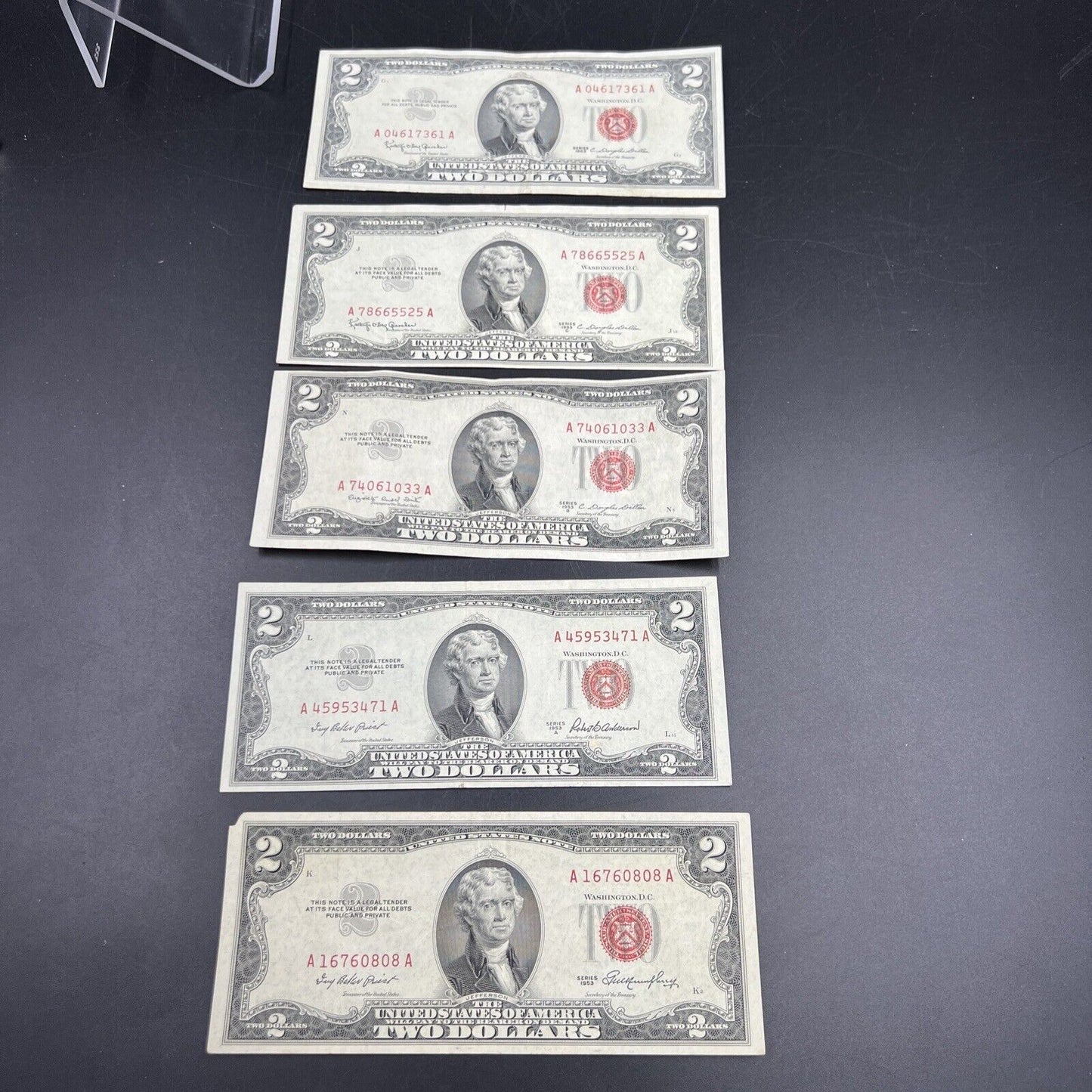 5 Note Set 1953 + ABC & 1963 $2 Two Dollar Red Seal Legal Tender Bill Notes VF+