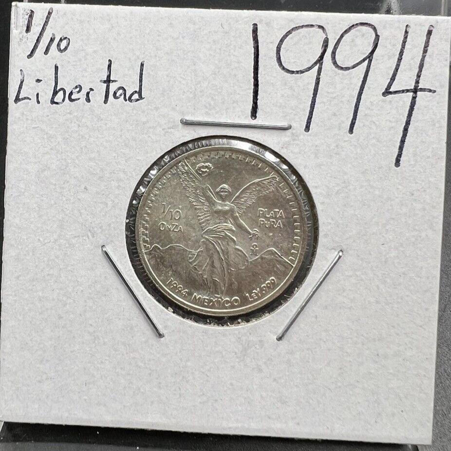 1994 Mexico Libertad  1/10 ounce Silver Coin  Pure Silver .999 Some Toning