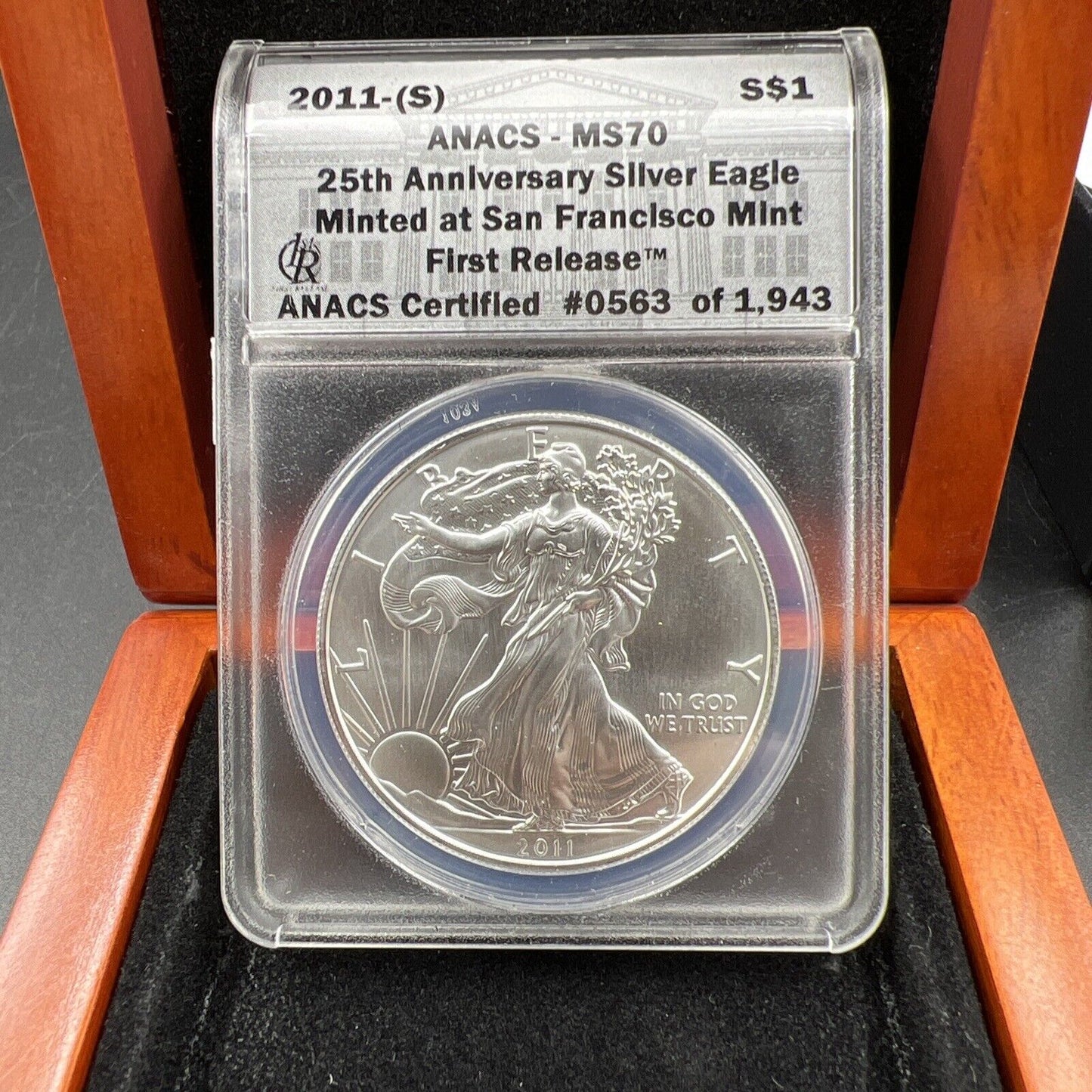 2011 S American 1oz Silver Eagle ANACS MS70 25th Anniversary ASE in Display #563