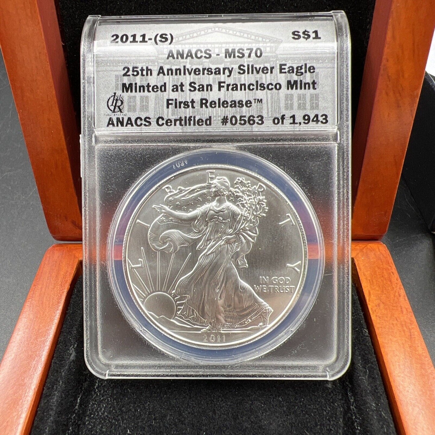 2011 S American 1oz Silver Eagle ANACS MS70 25th Anniversary ASE in Display #563