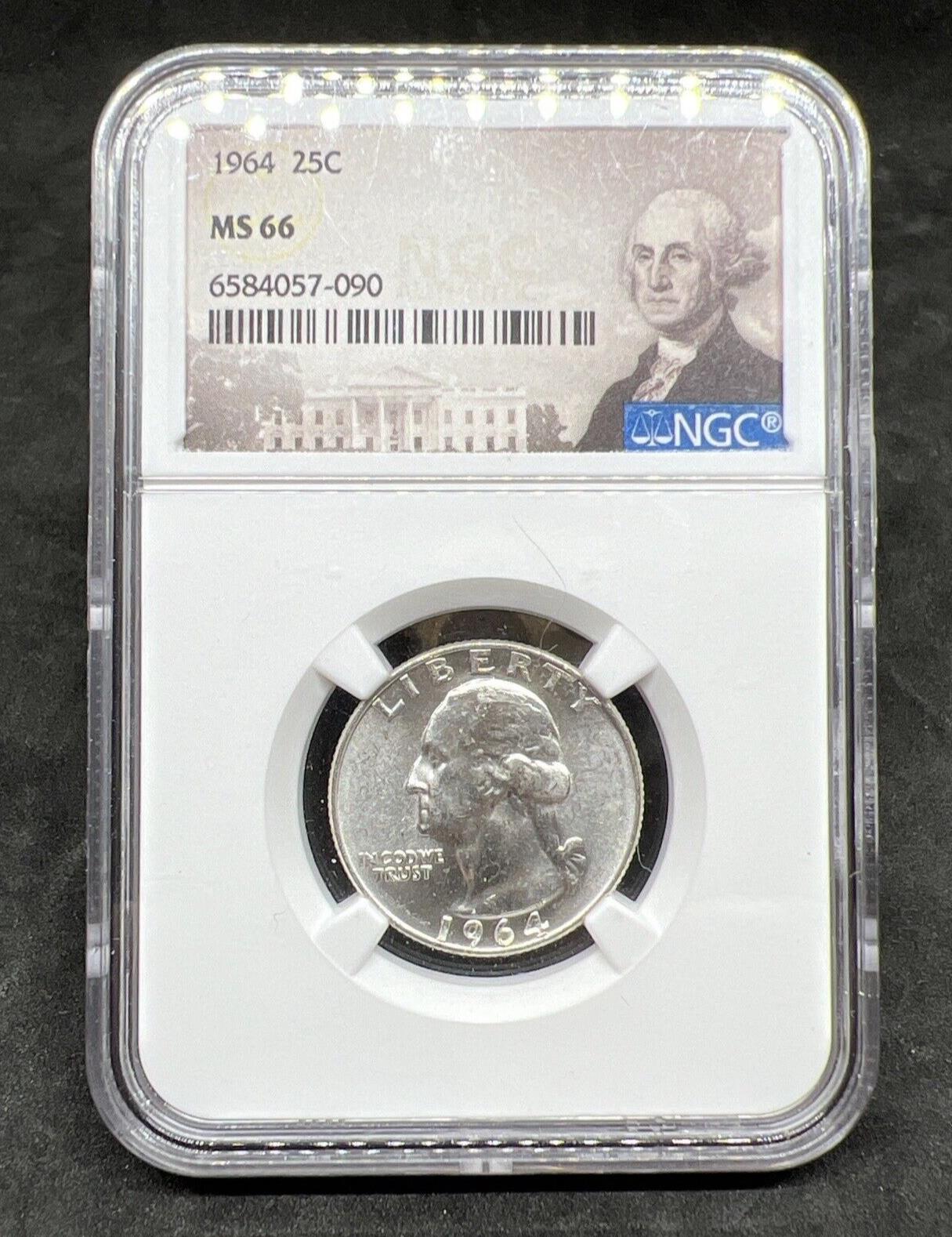 1964 P 25c Washington Silver Quarter Coin NGC MS66 Gem BU Certified