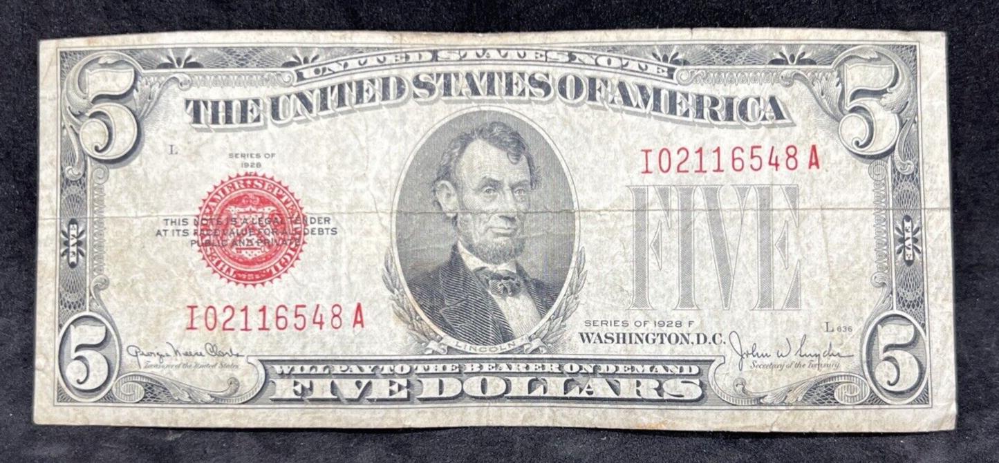 1928 F $5 Five Dollar Legal Tender Note VG Circ I Block Serial #02116548A