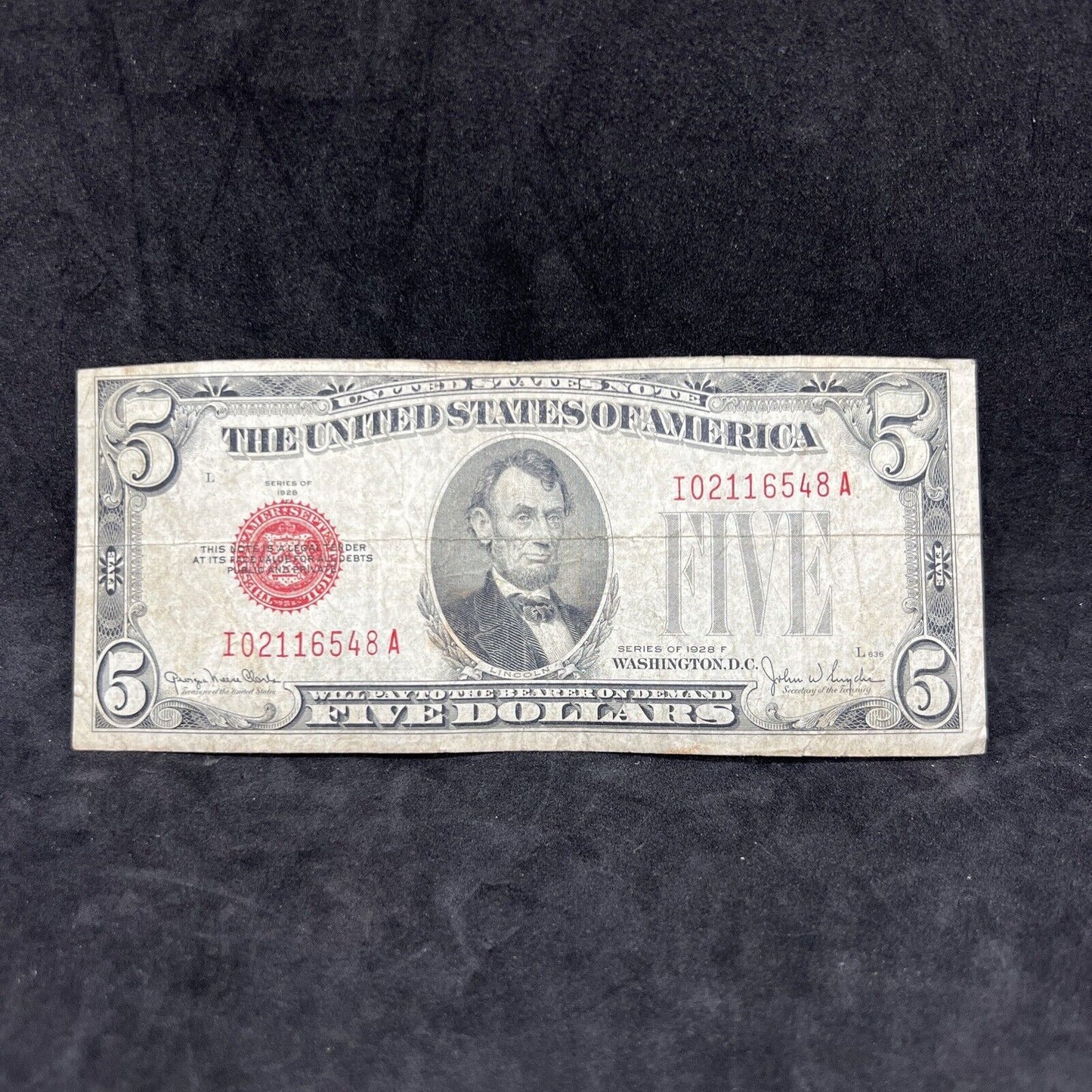 1928 F $5 Five Dollar Legal Tender Note VG Circ I Block Serial #02116548A