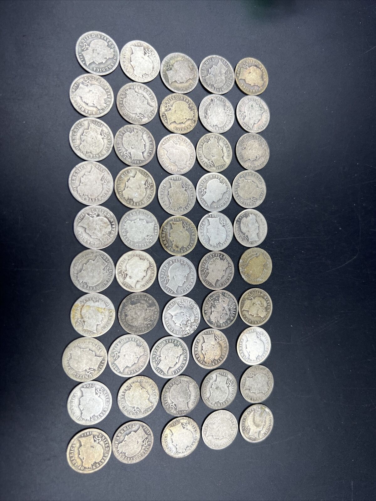 Barber 90% Silver Dimes 50 Coin AG About Good / Good - Very Circ 50 coin Roll #A
