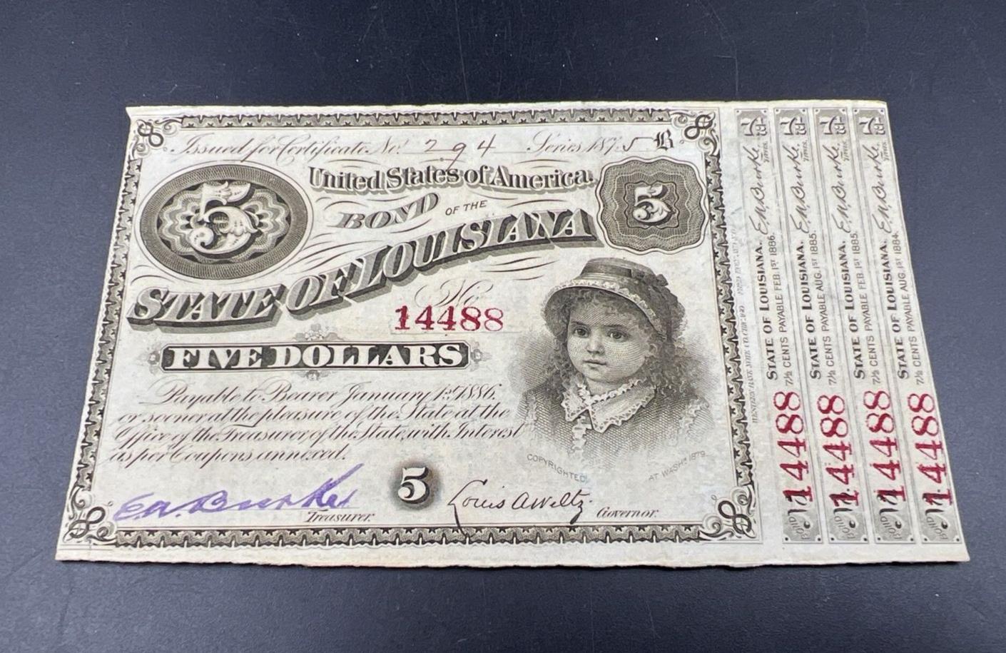 State of Louisiana Baby Bond Hand Signed Series of 1875 Red Serial # XF EF