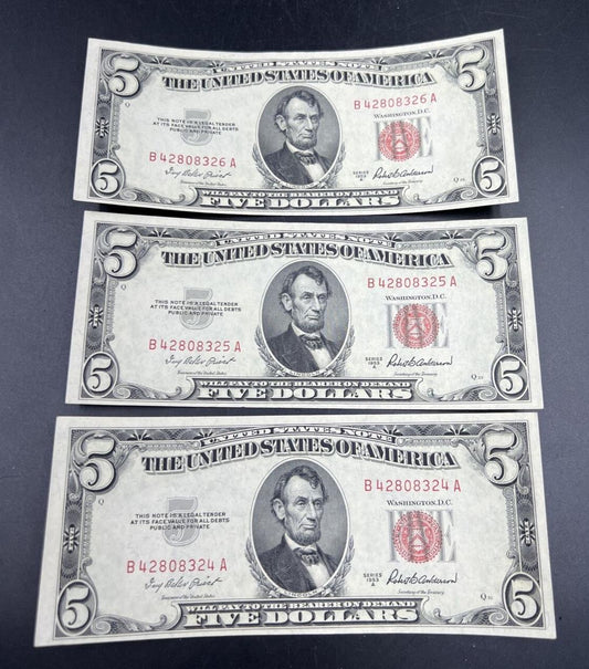 Lot of 3 Consecutive Serial 1953 A $5 Five Dollar Legal Tender Note Bills CU UNC