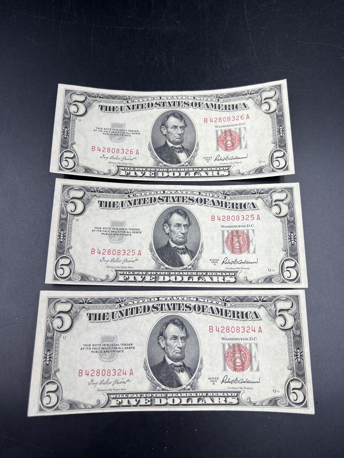 Lot of 3 Consecutive Serial 1953 A $5 Five Dollar Legal Tender Note Bills CU UNC
