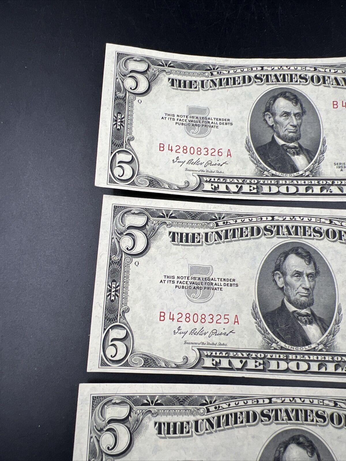 Lot of 3 Consecutive Serial 1953 A $5 Five Dollar Legal Tender Note Bills CU UNC