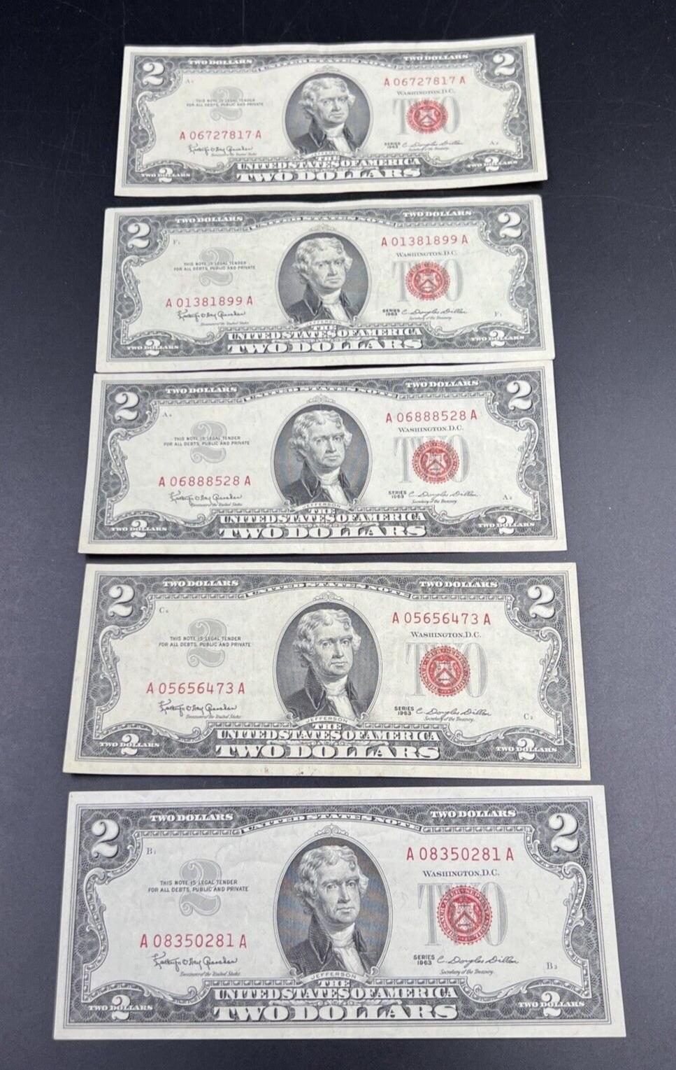 Lot of 5 1963 $2 Two Dollar US Red Seal Legal Tender Bills CH VF Very Fine #281