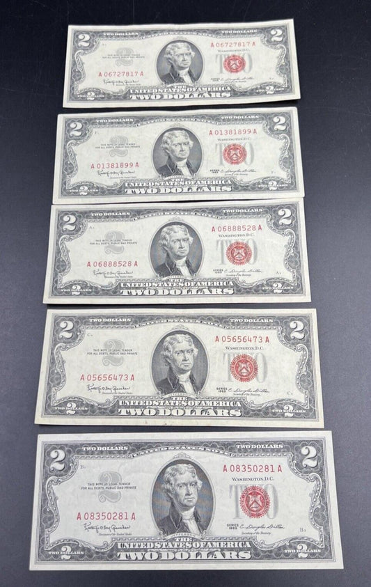 Lot of 5 1963 $2 Two Dollar US Red Seal Legal Tender Bills CH VF Very Fine #281