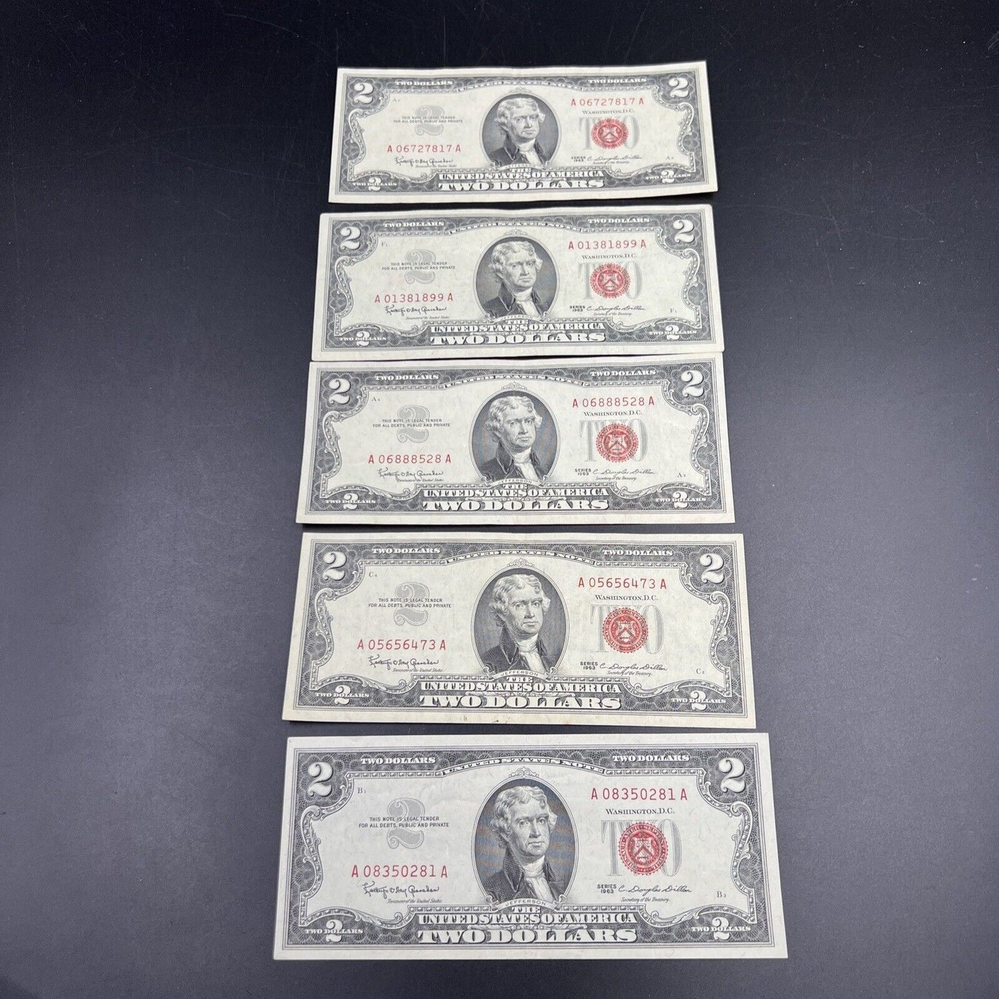 Lot of 5 1963 $2 Two Dollar US Red Seal Legal Tender Bills CH VF Very Fine #281