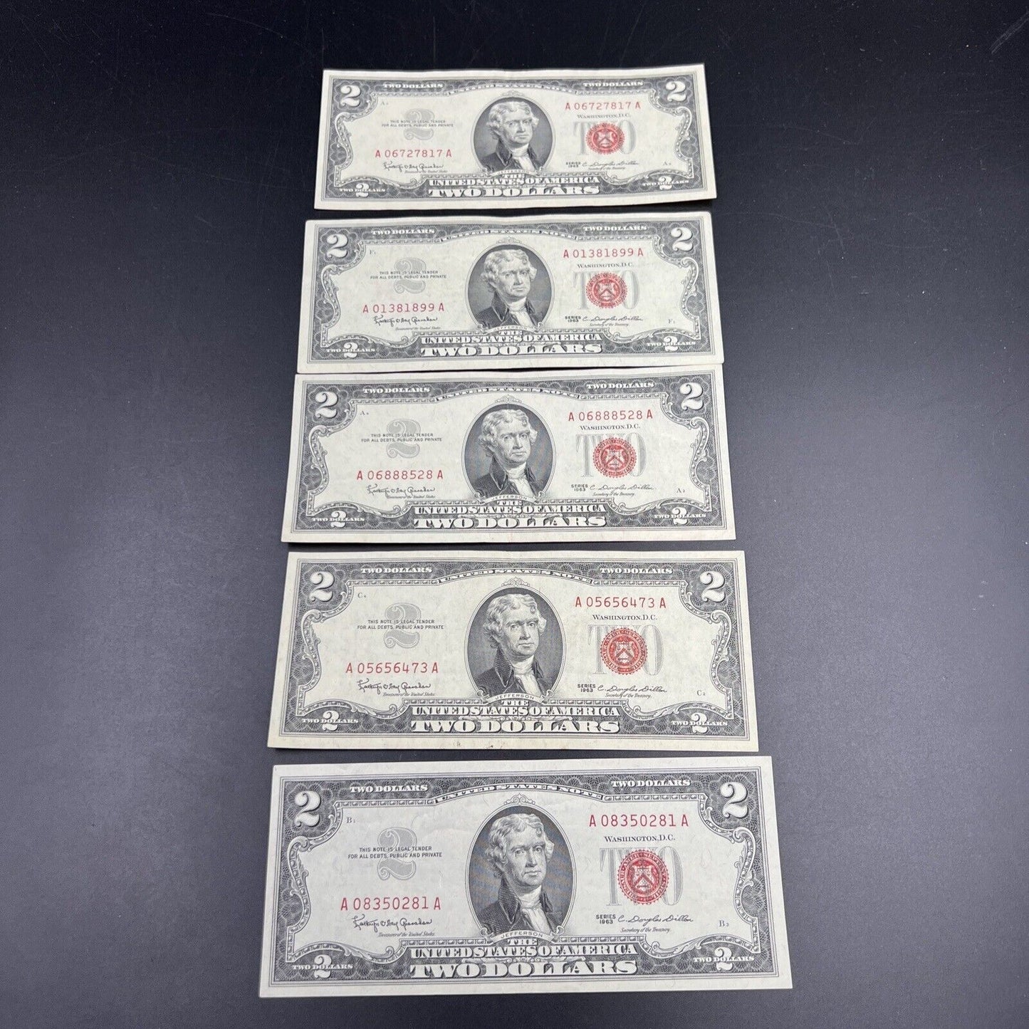 Lot of 5 1963 $2 Two Dollar US Red Seal Legal Tender Bills CH VF Very Fine #281