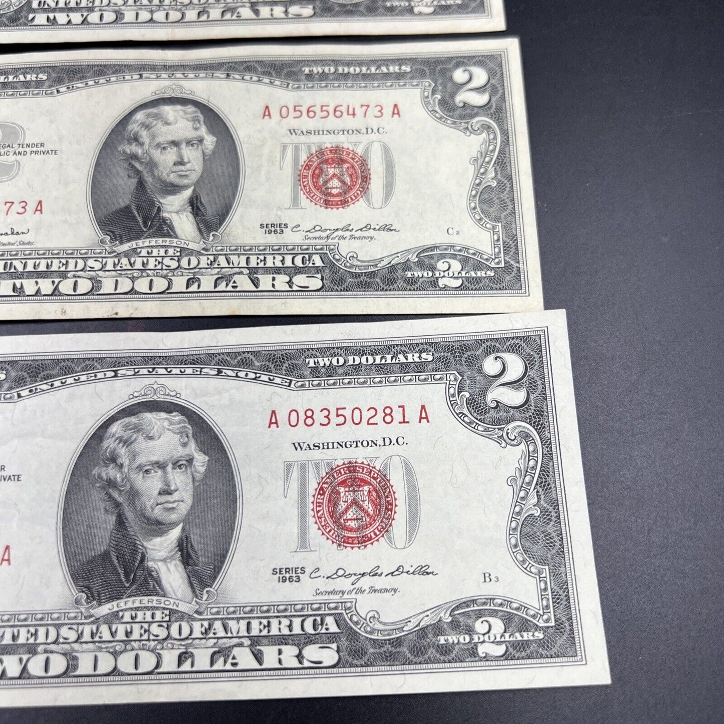 Lot of 5 1963 $2 Two Dollar US Red Seal Legal Tender Bills CH VF Very Fine #281