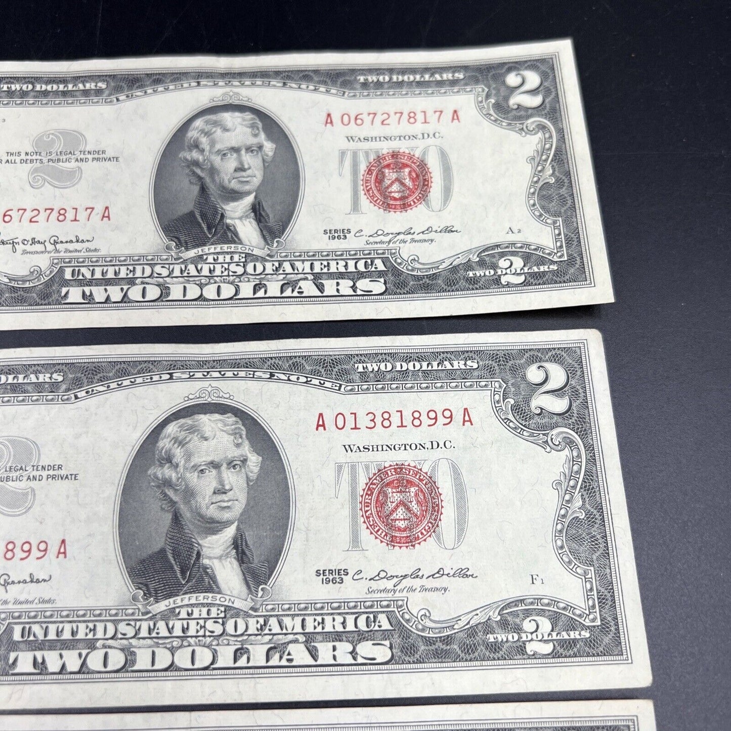 Lot of 5 1963 $2 Two Dollar US Red Seal Legal Tender Bills CH VF Very Fine #281