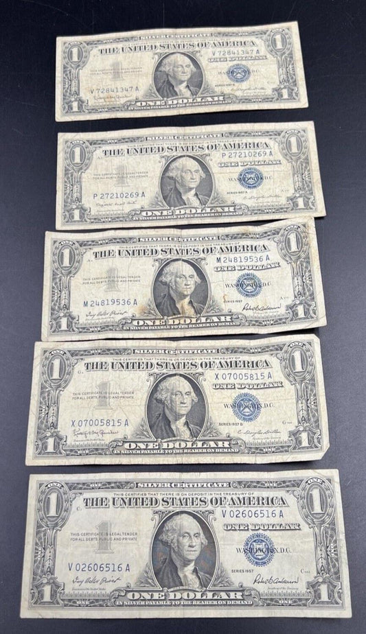 Lot of 5 1957 $1 One Dollar Blue Seal Silver Certificate Note Bills VG Circ #516