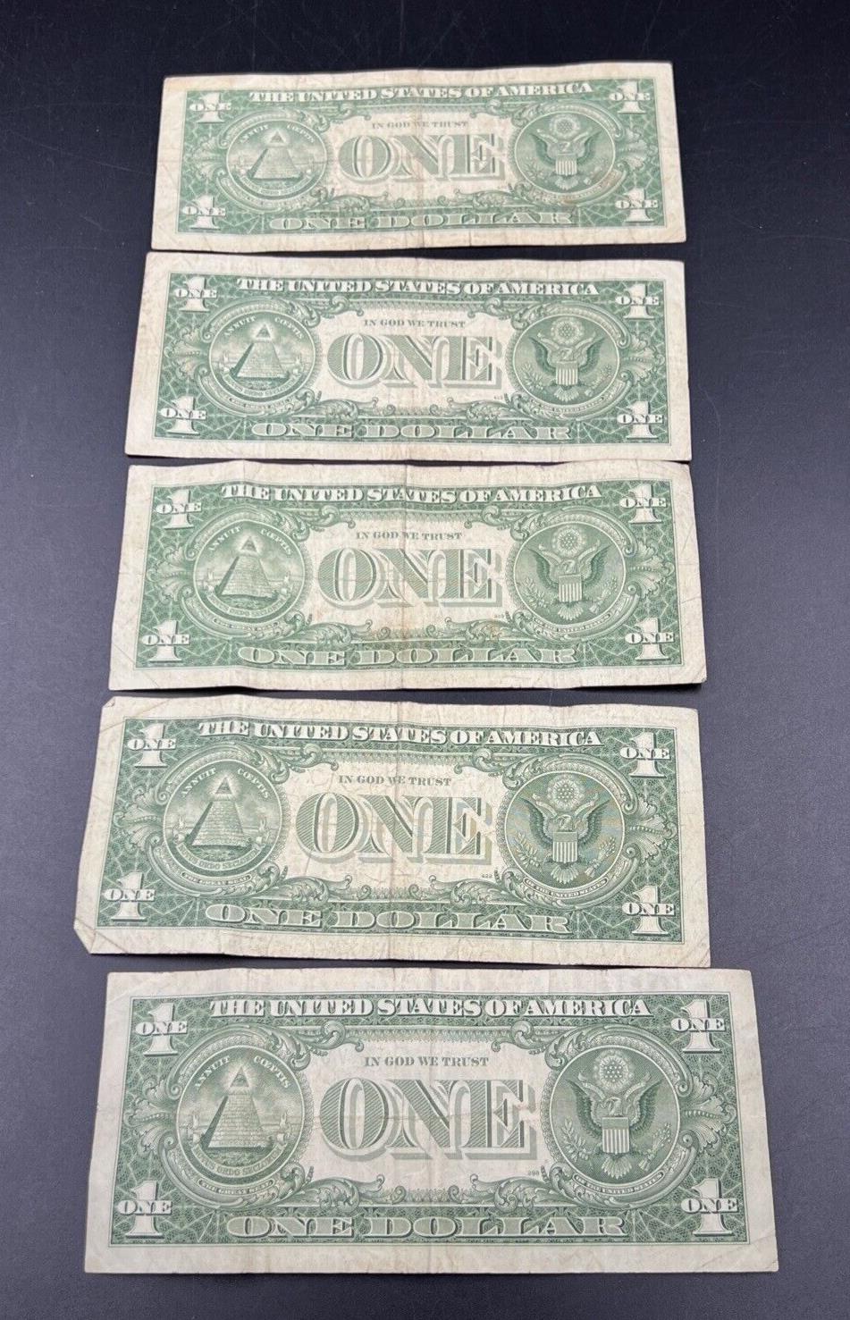 Lot of 5 1957 $1 One Dollar Blue Seal Silver Certificate Note Bills VG Circ #516