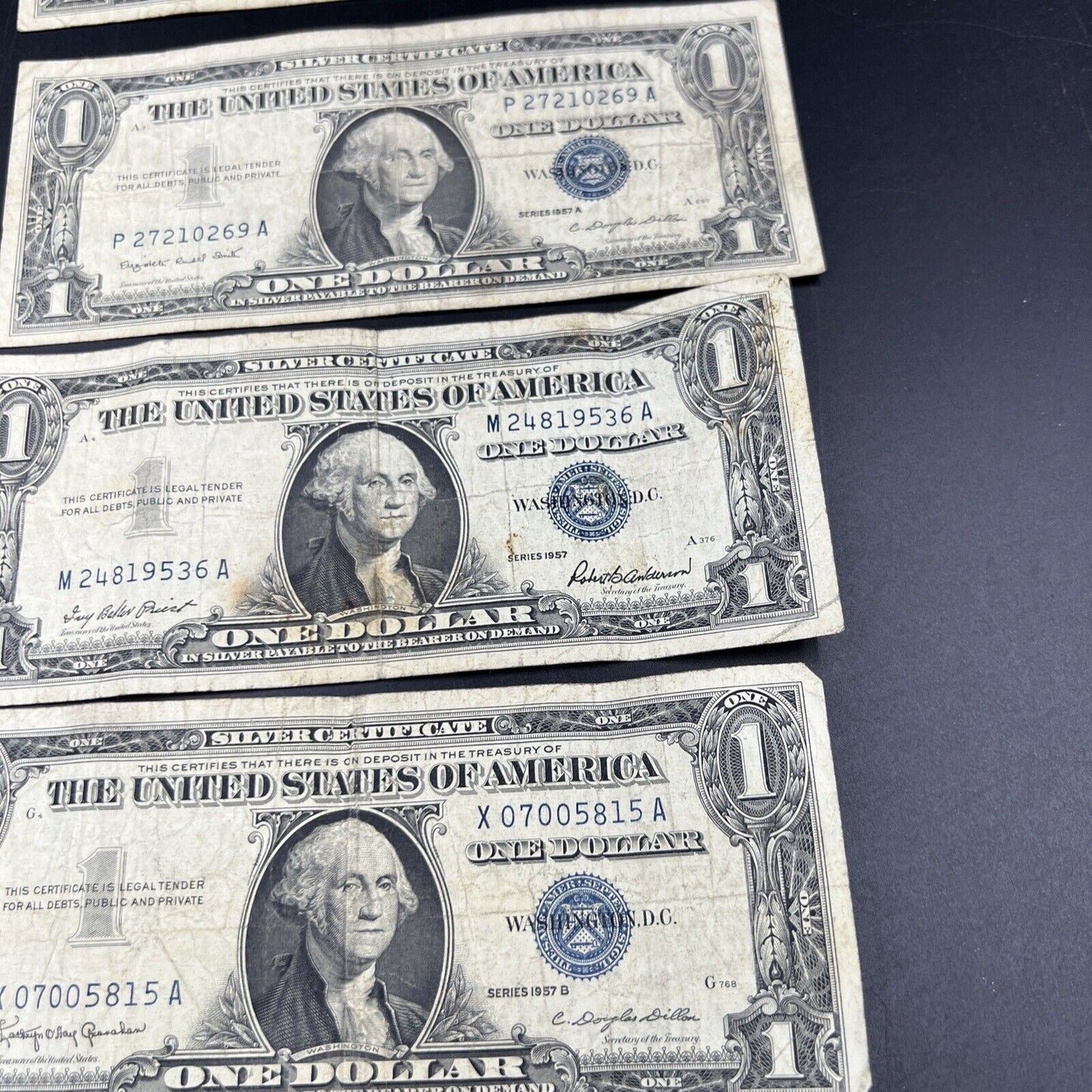 Lot of 5 1957 $1 One Dollar Blue Seal Silver Certificate Note Bills VG Circ #516