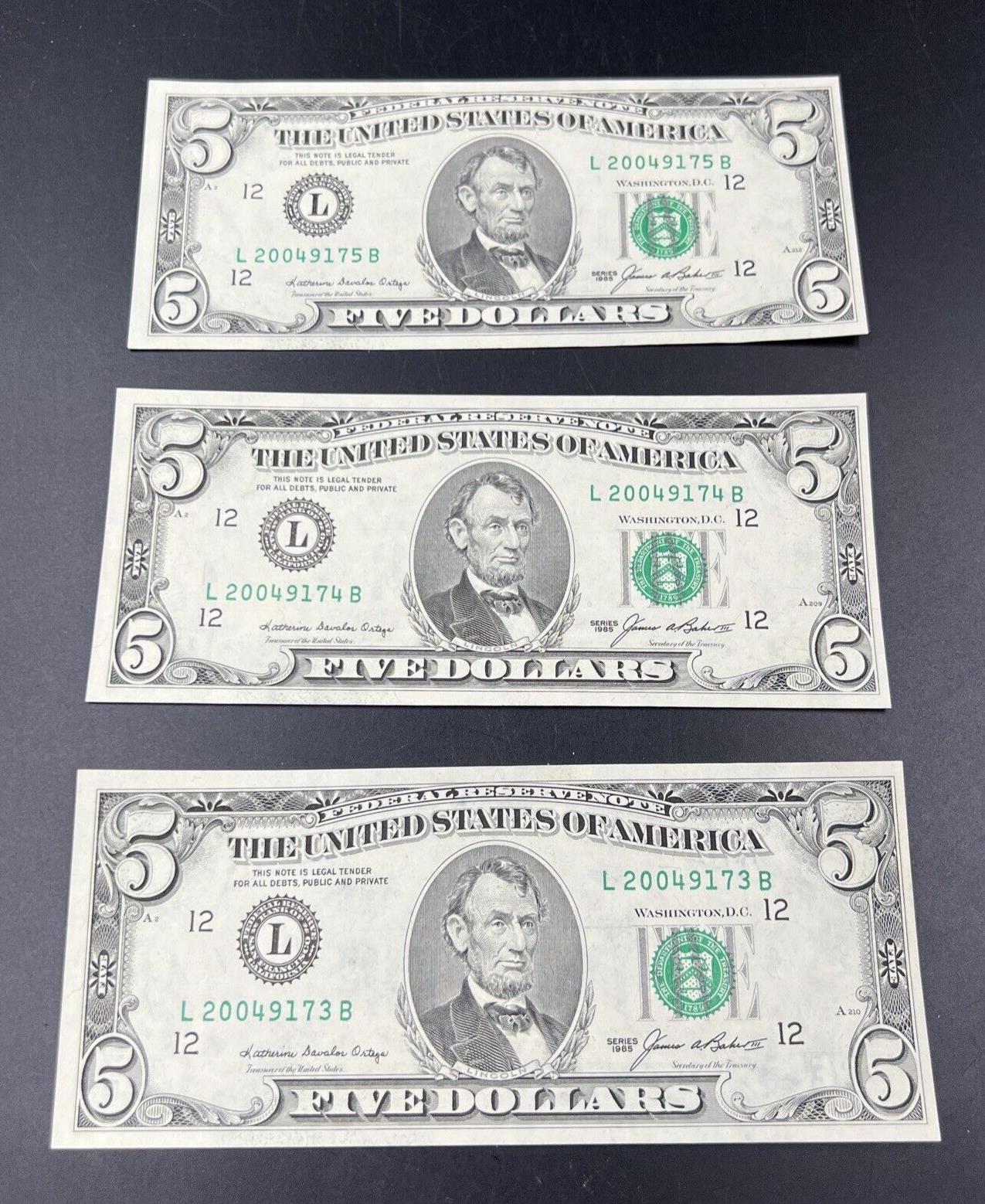 3 Consecutive 1985 $5 FRN Five Dollar Federal Reserve Notes Choice UNC Bills