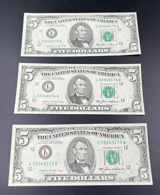 3 Consecutive 1985 $5 FRN Five Dollar Federal Reserve Notes Choice UNC Bills