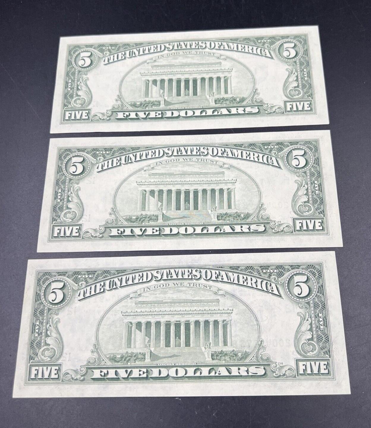 3 Consecutive 1985 $5 FRN Five Dollar Federal Reserve Notes Choice UNC Bills