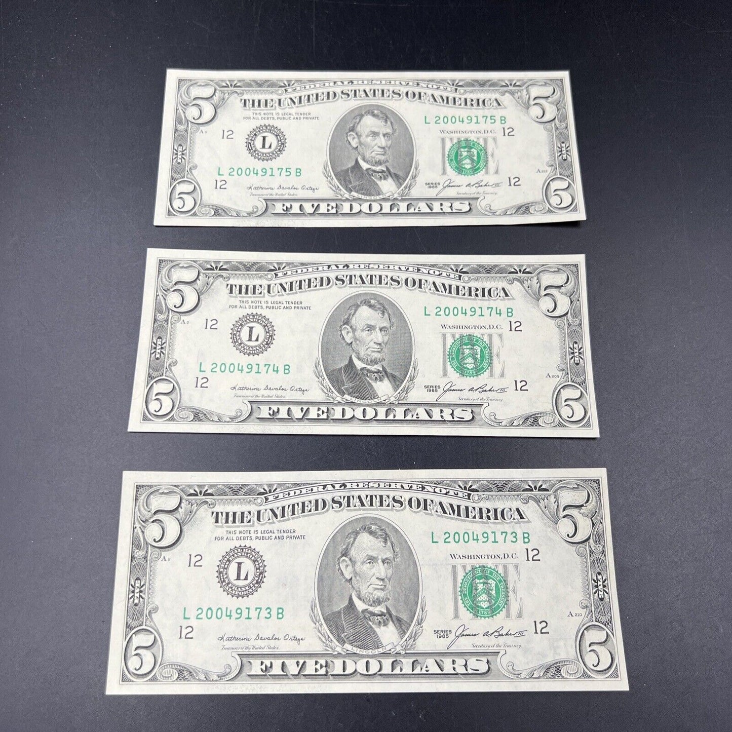 3 Consecutive 1985 $5 FRN Five Dollar Federal Reserve Notes Choice UNC Bills