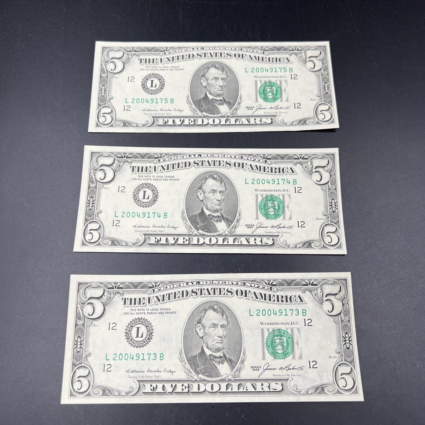 3 Consecutive 1985 $5 FRN Five Dollar Federal Reserve Notes Choice UNC Bills