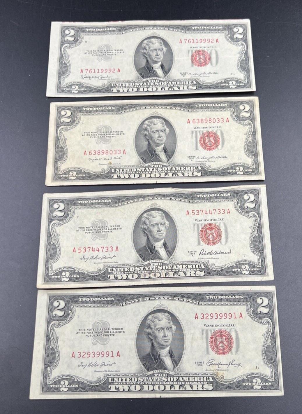 4 NOTE SET 1953 + ABC $2 Repeat Serial #s Legal Tender US Bills VG+ / F #9991