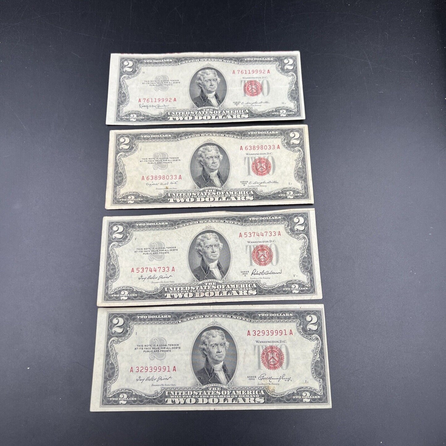 4 NOTE SET 1953 + ABC $2 Repeat Serial #s Legal Tender US Bills VG+ / F #9991