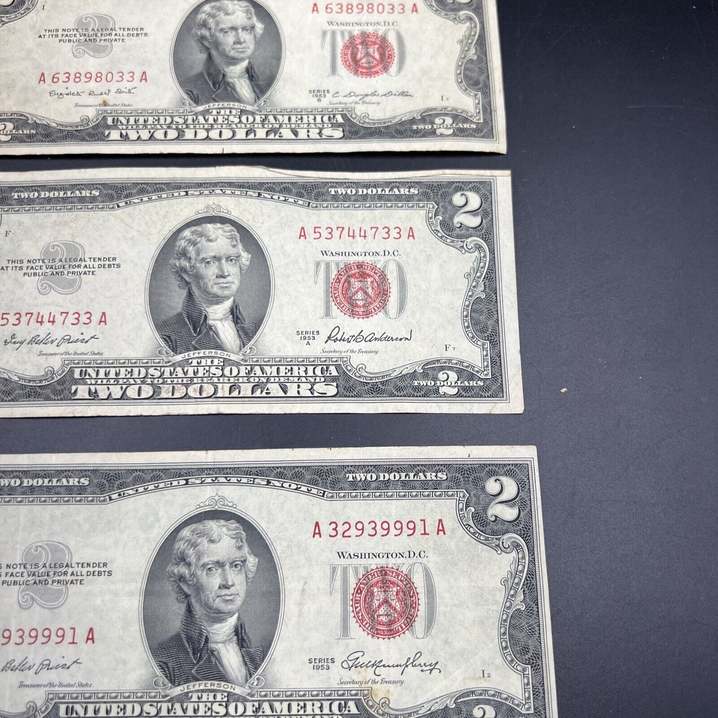 4 NOTE SET 1953 + ABC $2 Repeat Serial #s Legal Tender US Bills VG+ / F #9991