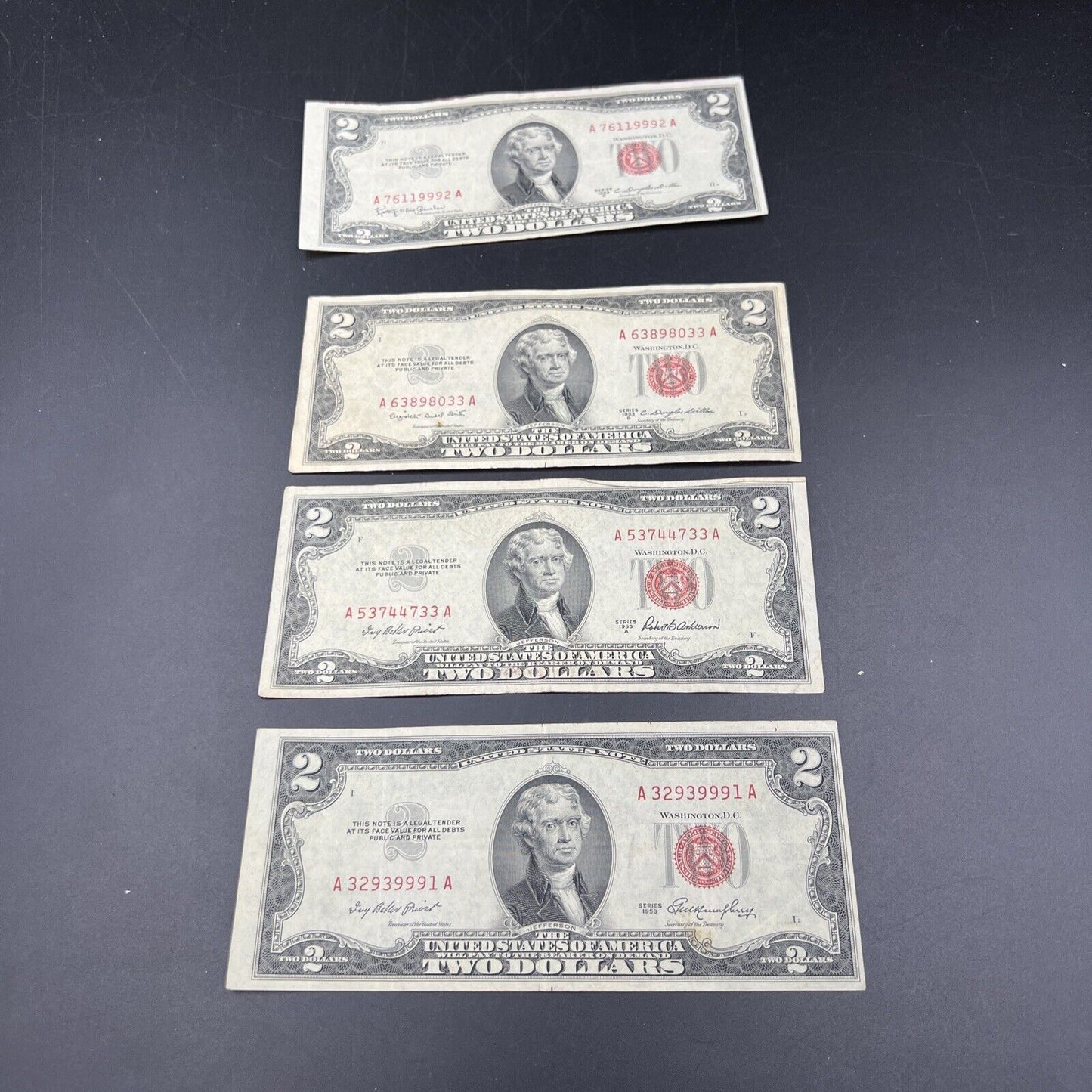 4 NOTE SET 1953 + ABC $2 Repeat Serial #s Legal Tender US Bills VG+ / F #9991