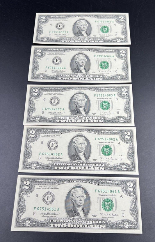 5 Consecutive 1995 $2 Two Dollar FRN Federal Reserve Notes Choice UNC