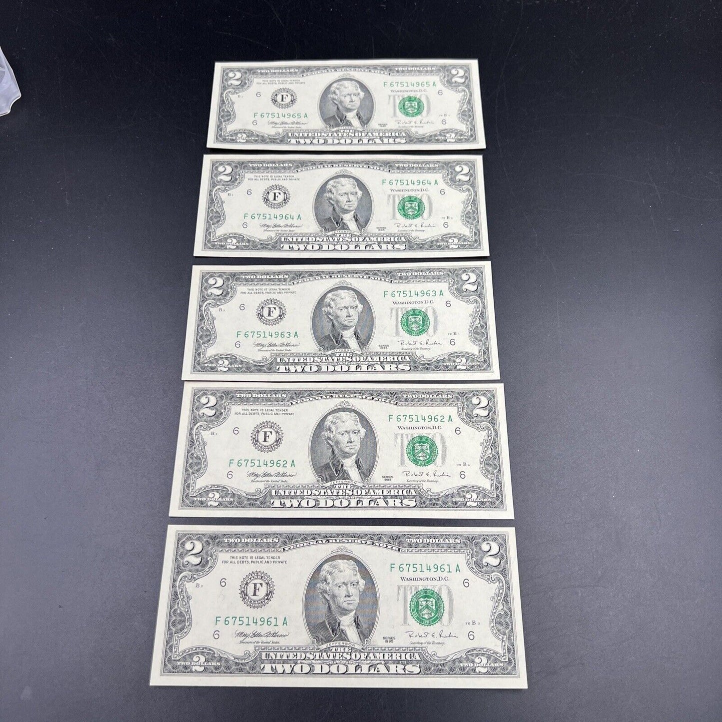 5 Consecutive 1995 $2 Two Dollar FRN Federal Reserve Notes Choice UNC