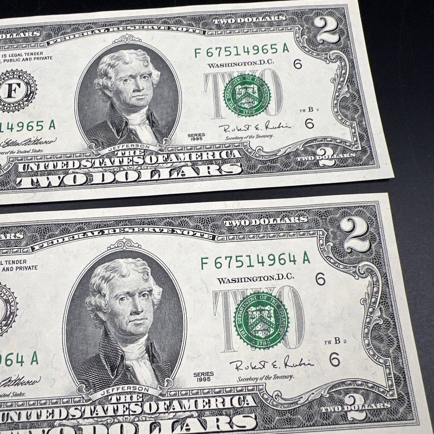 5 Consecutive 1995 $2 Two Dollar FRN Federal Reserve Notes Choice UNC